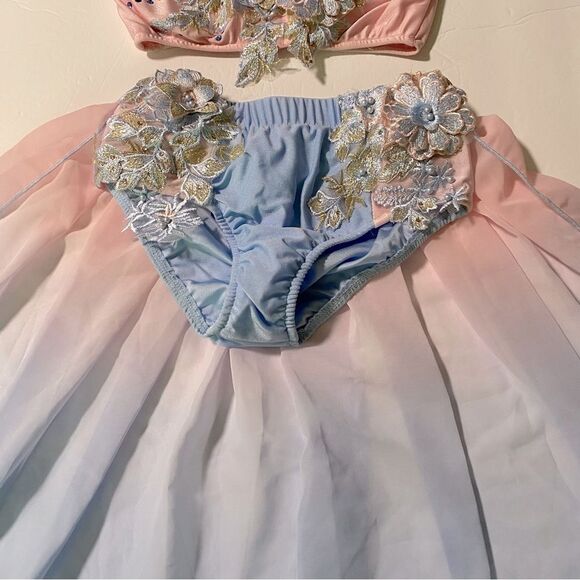 Glamour solo dance costume 2 piece blue pink embellished EUC LC child - Picture 6 of 14